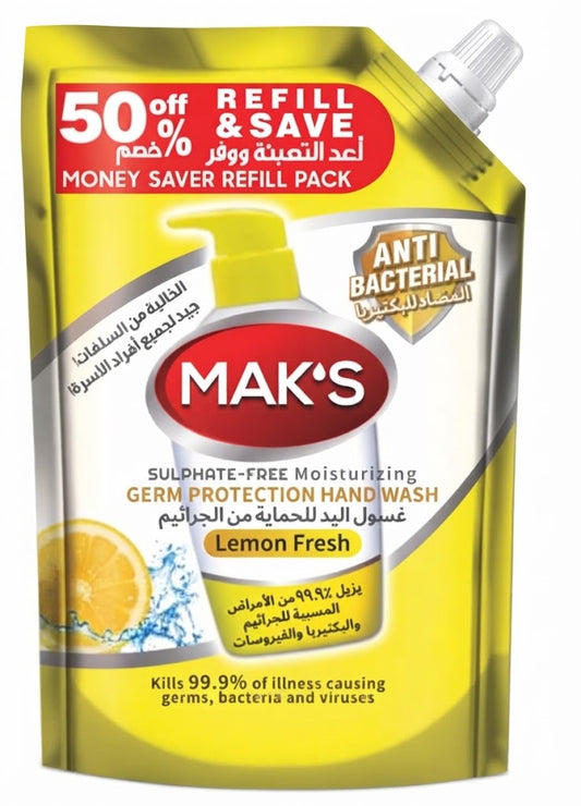 MAK'S Sulphate-Free Moisturizing Germ Protection Hand Wash Lemon Fresh Refill Pack