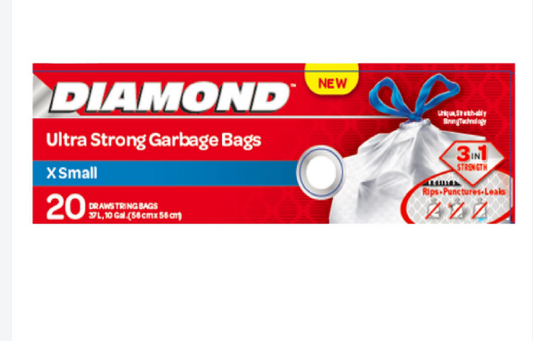 Diamond Ultra Strong Garbage Bags – X Small – 20 Drawstring Bags (37L, 10 Gal / 56cm x 56cm)